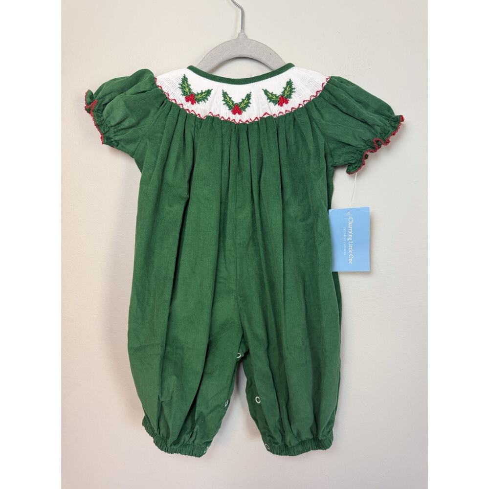 Charming Little One Green Corduroy Smocked Romper Xmas Holly 6M NWT